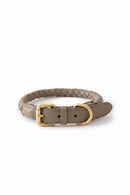Brown braided leather dog collar with brass buckle on a white background, Obroi