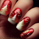 Christmas Snowflake Press On Nails 24pcs Red Gold Nails for Holiday Women Nails