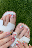 24Pcs Short Square Head Nails Set Press on Daisy Design Fake Toenails Detachable Nails Tips