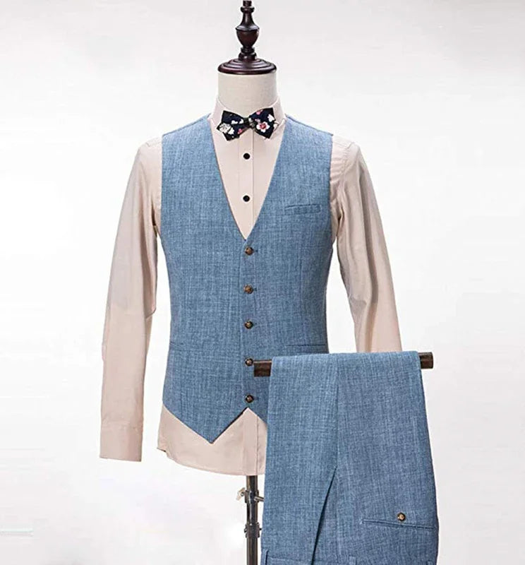 3 Pieces Light Blue Linen Suit for Men Formal Wedding Prom Set Slim Fit Jacket Best Man Tuxedo