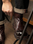 Round Toe Handmade Ankle Boot Retro Genuine Leather Platform Zipper Male Mid Heel Boots