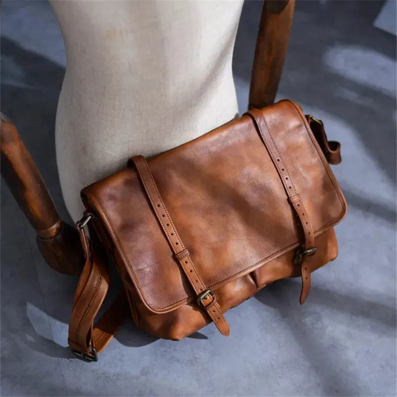 Vintage designer genuine leather men's messenger bag outdoor work luxury real shoulder bag