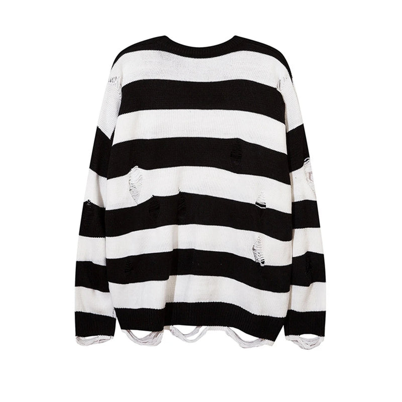 Striped Sweater Ripped Hole Streetwear Vintage Destroyed Knitted Pullovers Men Women Oversize Loose Knitwear