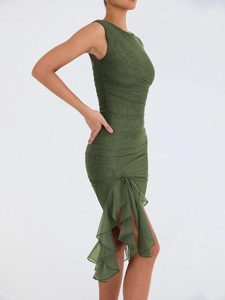 Elegant Ruffle Midi Dress For Women Robe Summer Backless Irregular Club Party Dress