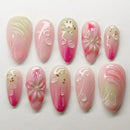 24Pcs Light Blue Gradient Almond Nails French Handmade Flowers Starfish Stick on Nails Summer for Vacation