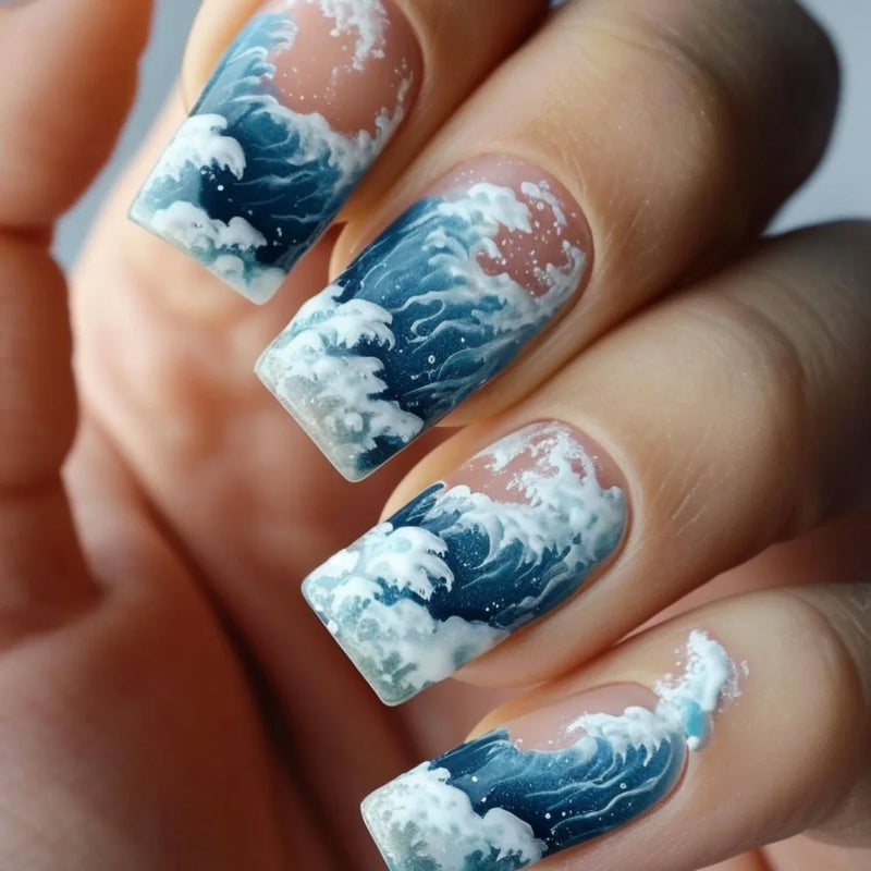 24Pc Ocean Press on Nails Unique False Nails Wearable Short Manicure Fake Nails Square Head Full Over Manicure Tips