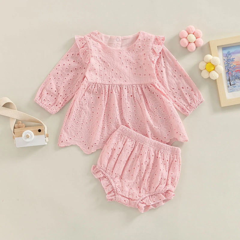 Toddler Baby Girl Clothes Set Solid Round Neck Long Sleeve T-shirt Tops and Elastic Casual Ruffle Shorts