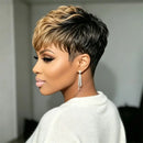 Pixie Cut Human Hair Wig Black Honey Blonde Ombre 6 Inch Curly Layer Short Wig