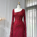 Elegant Burgundy Mermaid Evening Dresses with Long Sleeve Luxury Dubai Crystal Women Wedding Formal Party Gown
