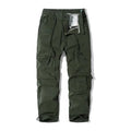 Green cargo pants with multiple pockets on a white background, Obroi