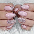 24Pcs Almond Glitter False Nails Short Full Finished for Women French Style Full Cover Press on Nail Tips