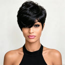 A woman modeling a short, layered black wig with a side-swept bang and soft textured ends against a plain light background, Obroi