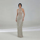 Sliver Dresses Halter Neck Sleeveless Evening Dresses Glitter Sequins and Tassel Prom Gown