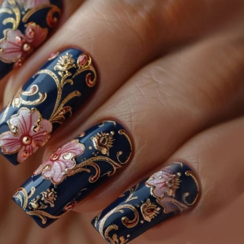Nails with floral and decorative design on a dark blue background, Obroi