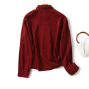 Women Office Wear Red Shirt Long Sleeve Lapel Collar Casual Blouse
