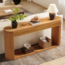 Wooden console table in a living room with decorative items, Obroi