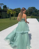 Light Green Strapless Prom Dress Tulle Wedding Dresses Elegant