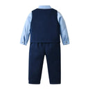 Navy vest and pants set with light blue shirt on a white background, Obroi
