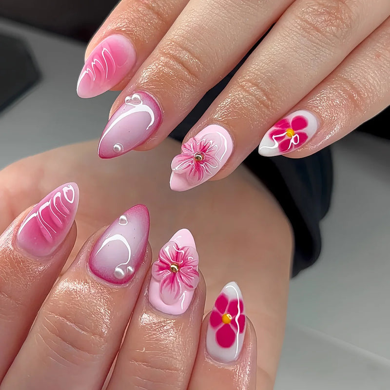 Press on Nails Spice Girl Carved Flowers Decor False Nails Wearable Reusable Almond Fake Nail Tips