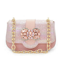 Pink handbag with embellishments and a gold chain on a white background, Obroi