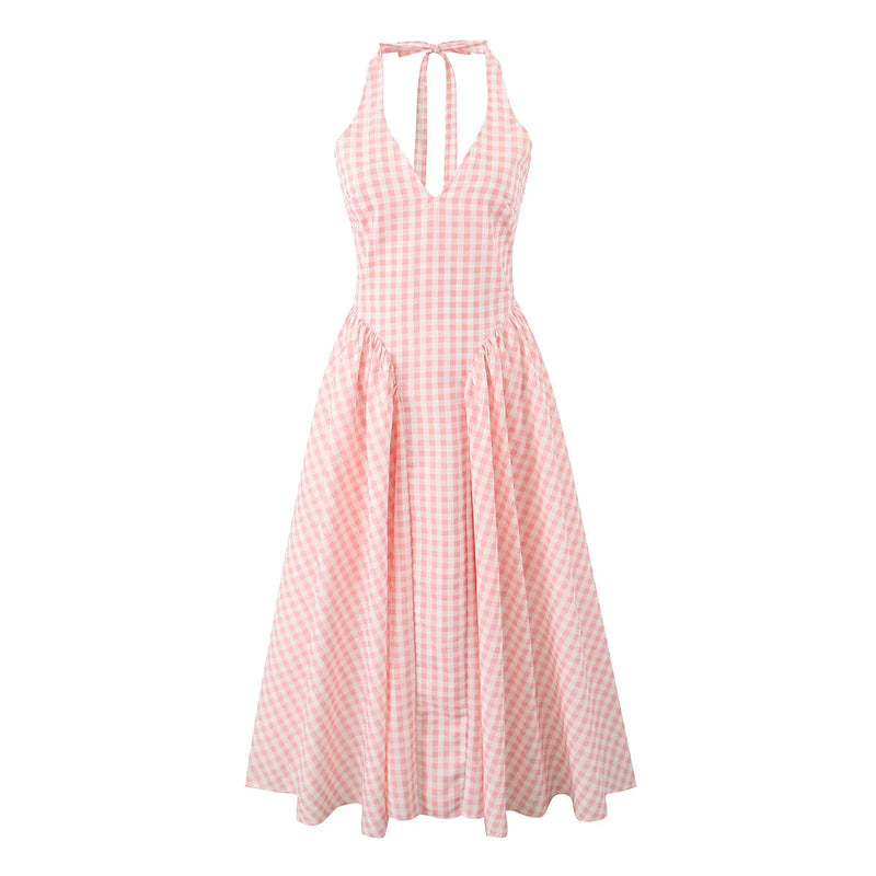 Holiday Plaid Bow Halter Sling Midi Dress Women Pleated Swing Backless Holiday Plaid Bow Halter Sling Midi Dress Women Pleated Swing Backless