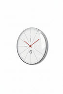 Round wall clock with white face, black numbers, and red hands on a white background, Obroi