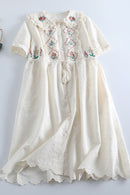 Embroidered Dress Short Sleeves Doll Collar Lace Midi Dress