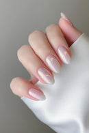 Hand with iridescent pink nail polish on a neutral background, Obroi