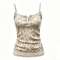 A beige and brown leopard print camisole tank top with thin straps, a split neckline, a small button placket, and a lace hem, shown on a plain white background, Obroi