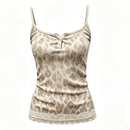A beige and brown leopard print camisole tank top with thin straps, a split neckline, a small button placket, and a lace hem, shown on a plain white background, Obroi