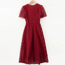 Spring Women's Round Neck Short Sleeve Hollow Embroidered Waist cinching Dress