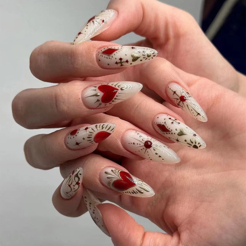 Red Retro Almond Shape False Nails Detachable Finished Fake Nails Press on Nails