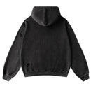 Black hoodie with a distressed back design on a white background, Obroi