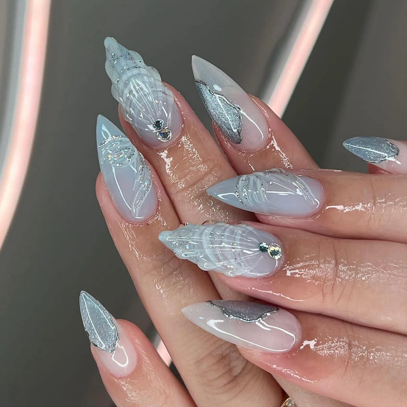 24pcs Blue Ocean Fake Nails Beach Shells Pearl False Nail Tips Almond Press on Nails