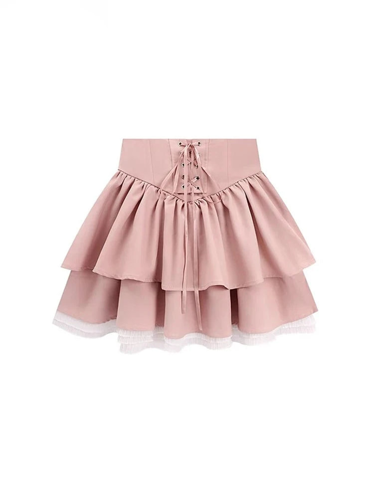 Kawaii Pink Mini Skirt Women Cute Fluffy Skirts Bandage Bow