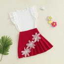 Summer Flower Kids Girls Skirt Set Outfits Kids Party Sleeve Ribbed T-shirt with Floral Skirt Toddler Clothes