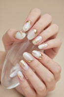 10Pcs Simple French Handmade Nail Set Full Cover Pink Golden Stripes Stick on Nails Short Oval Removable Nail