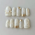 10Pcs Simple French Handmade Nail Set Full Cover Pink Golden Stripes Stick on Nails Short Oval Removable Nail