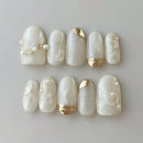 10Pcs Simple French Handmade Nail Set Full Cover Pink Golden Stripes Stick on Nails Short Oval Removable Nail