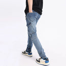 Men Jeans Retro Blue Spliced Patched Elastic Slim Fit Biker Jeans Men Zipper Designer Cargo Pants