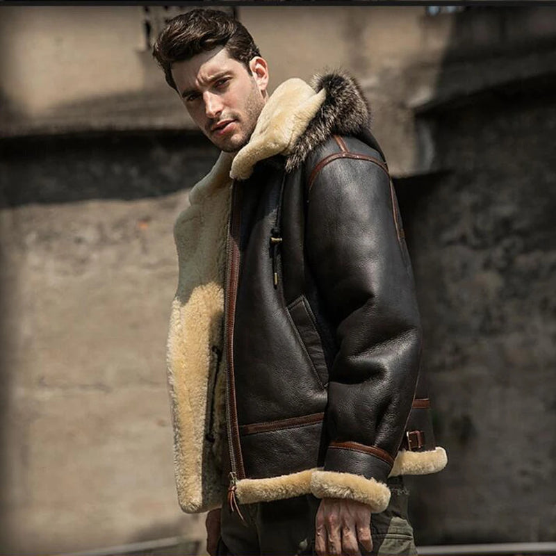 Men Shearling Jacket Hooded Sheepskin Coat Thick Warm Winter Pilot Jacket