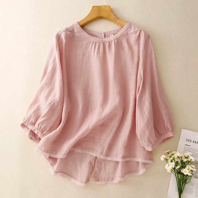 Blouses Women Summer Button-Up Sweet Top Elegant Casual Loose Top With Lace