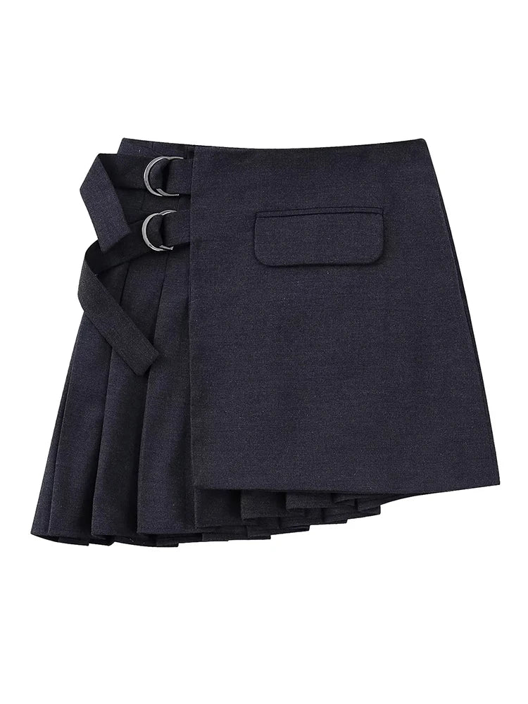 Women Dark Pleat Mini Skirt Vintage High Waist Female Asymmetric Winter Skirts