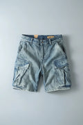 Light blue denim cargo shorts on a gray background, Obroi