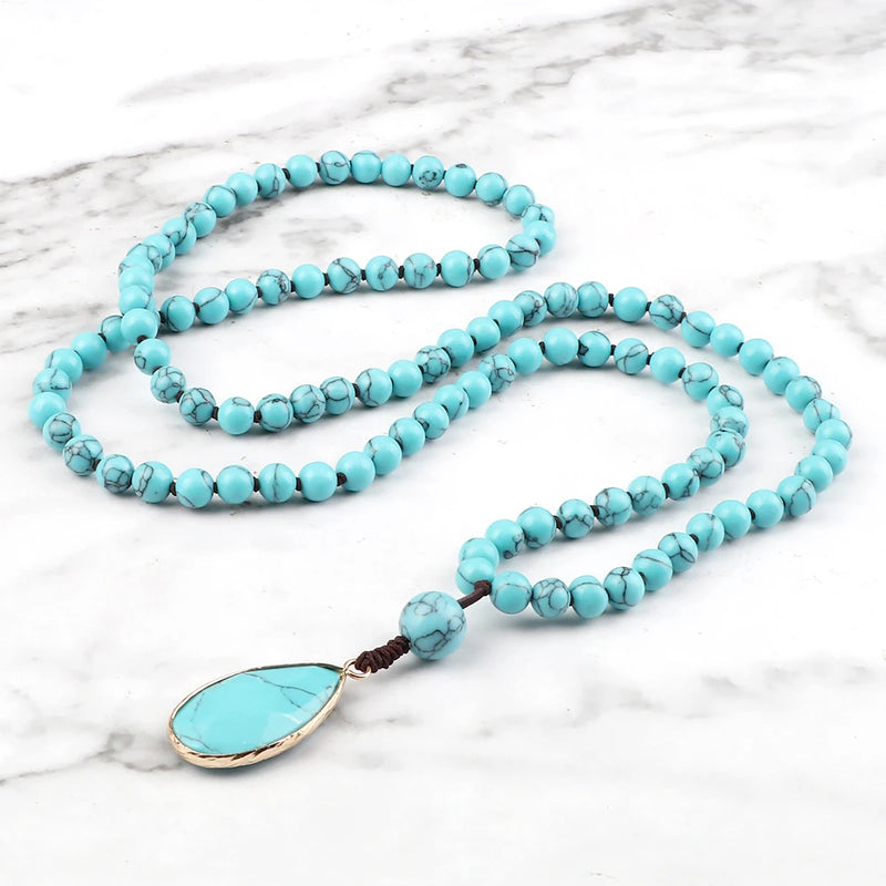 Water Drop Pendant Necklace For Women Natural Blue Stone Beaded Necklace