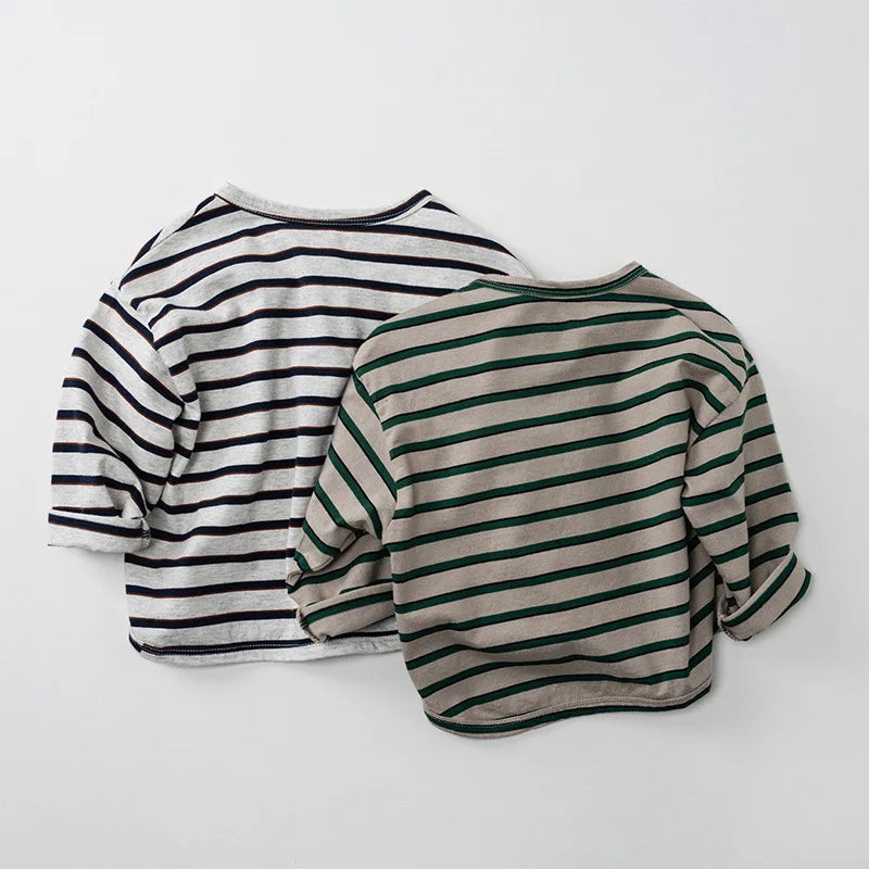 Spring Autumn Children T-Shirts 1-8Y Boys Button Striped Casual Tops Tees Toddler