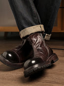 Round Toe Handmade Ankle Boot Retro Genuine Leather Platform Zipper Male Mid Heel Boots