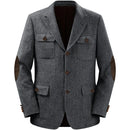 Gray blazer with brown elbow patches on a white background, Obroi