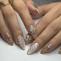 Gold-Edged Floral Pearls with Bow Accents Pearl-Finish Waves and Fine Glitter Press-On Nail Perfect for Girl