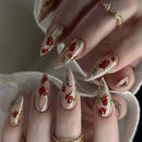 Design Press on False Nails with Flower Pattern Short Almond Round Head Nails Set